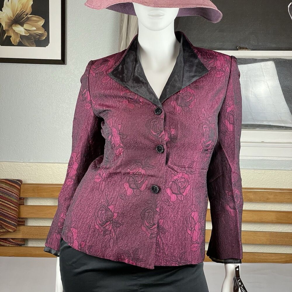 Le Suit 2PC Skirt Blazer Suit Women’s 10 Dark Berry Black Brocade Sheer Accents